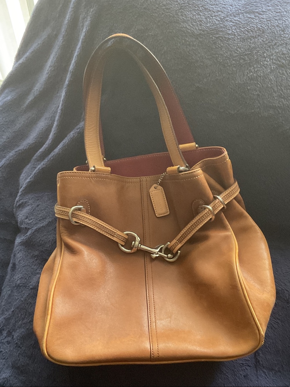 Coach Cognac Brown and Red Leather Shoulder Bag with Silver-Tone Hardware